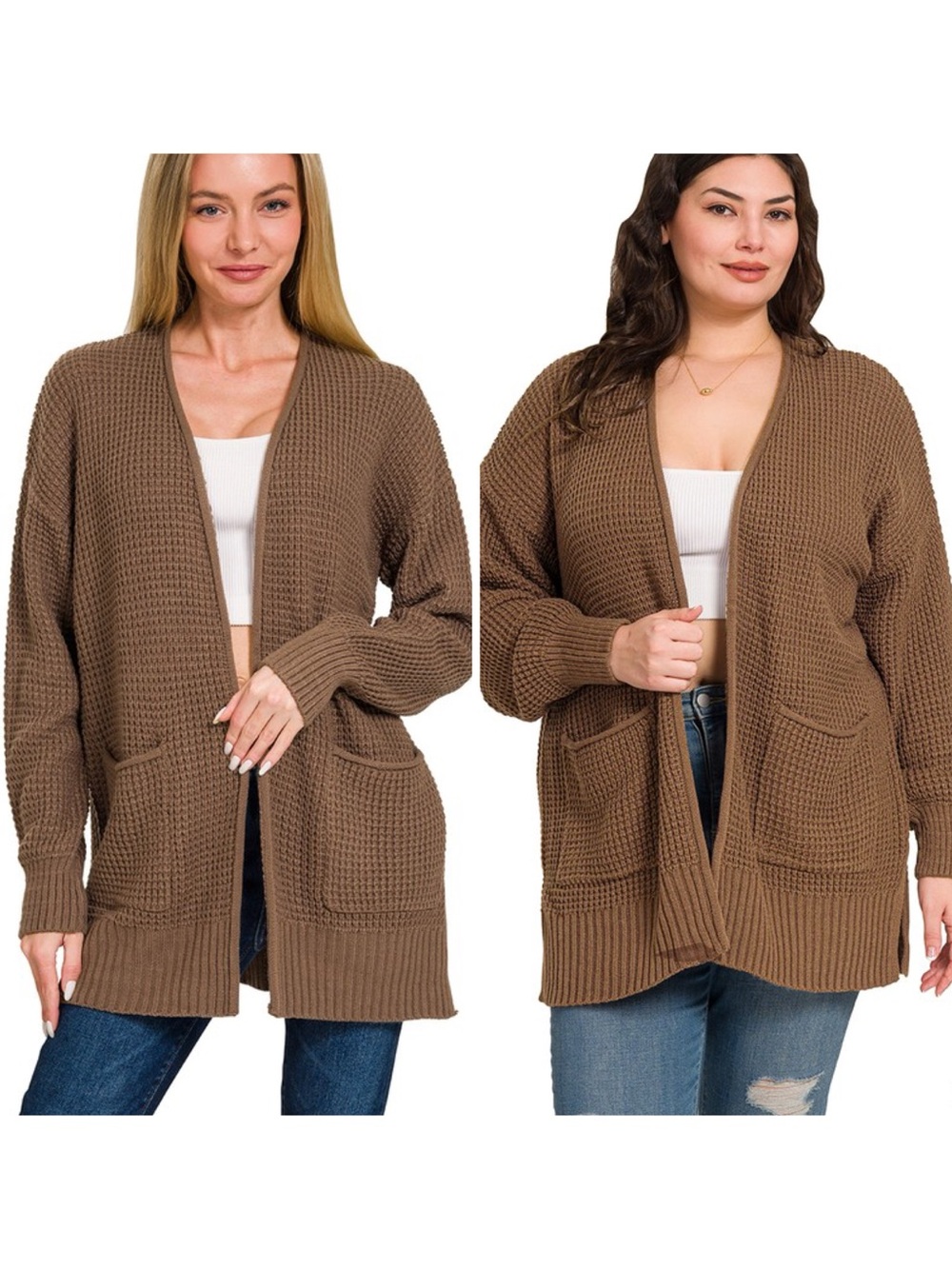 Zenana Outfitters Chunky Waffle Open-Front Cardigan - Brown